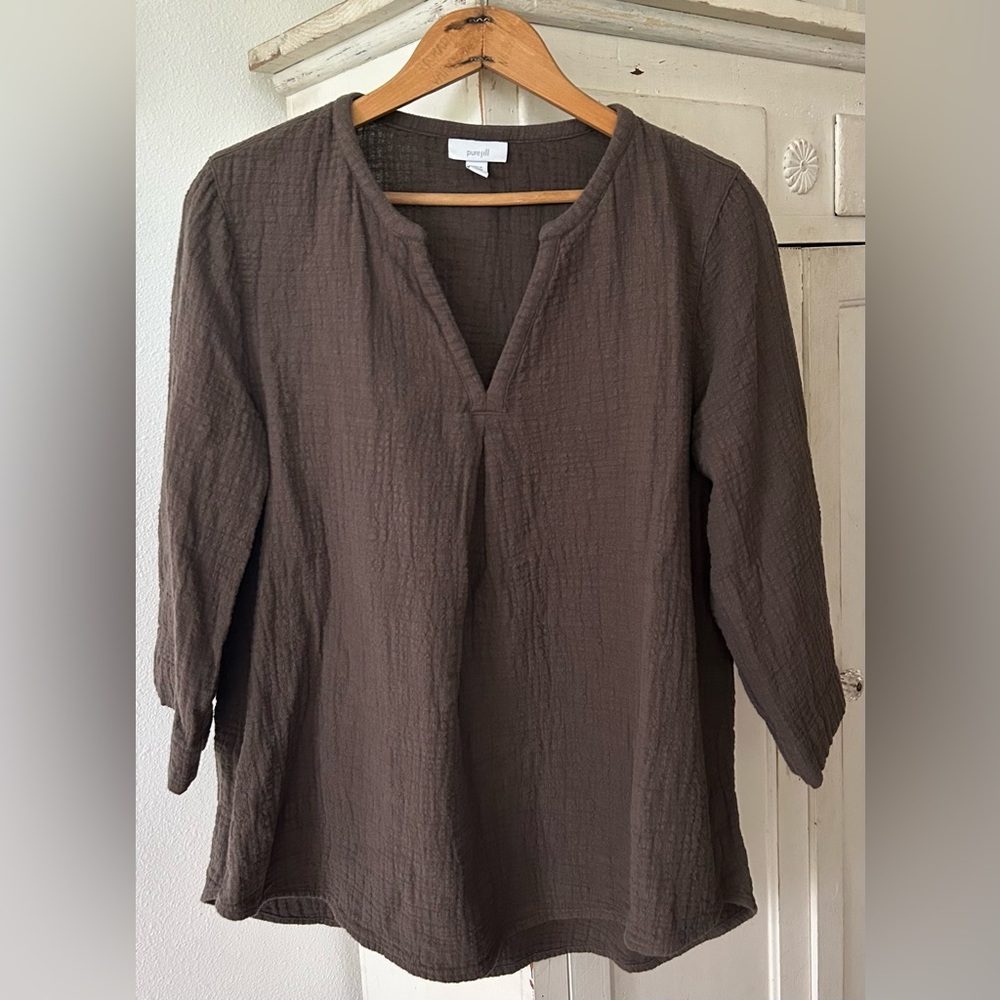 J. Jill | Women’s Brown Gauze Textured 3/4 Sleeve Vneck Round Hem Tunic Top, MP - Picture 3 of 14